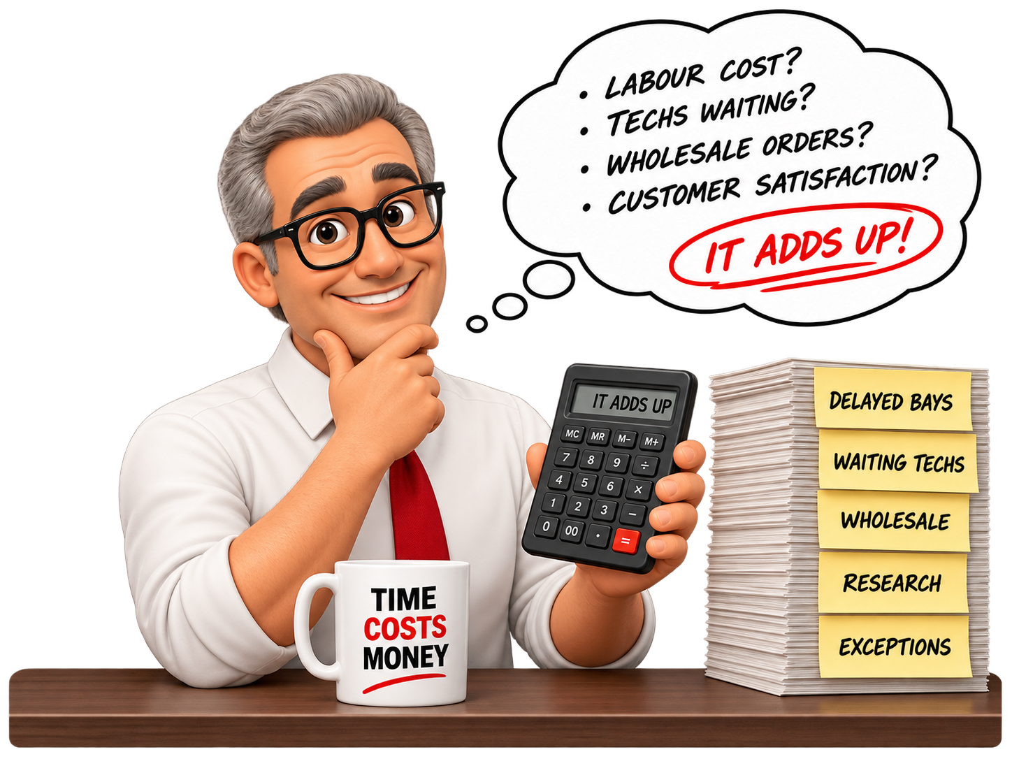 An accountant considers labour costs, waiting technicians, wholesale orders and customers beside a calculator, paperwork and a Time Costs Money mug.
