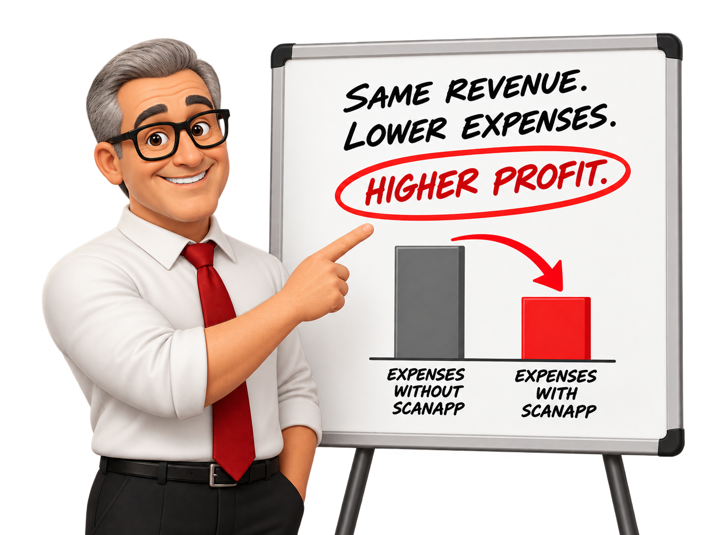 An accountant points to a whiteboard: Same revenue. Lower expenses. Higher profit.