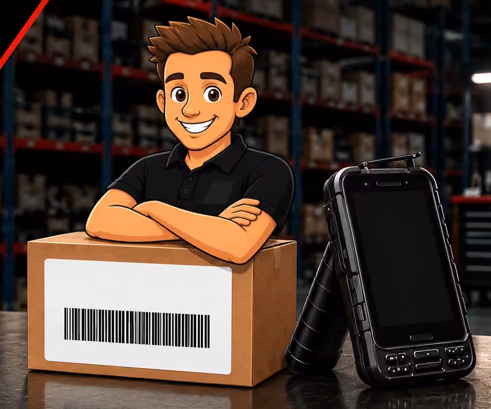 The ScanApp character with a parts box and rugged handheld scanner.