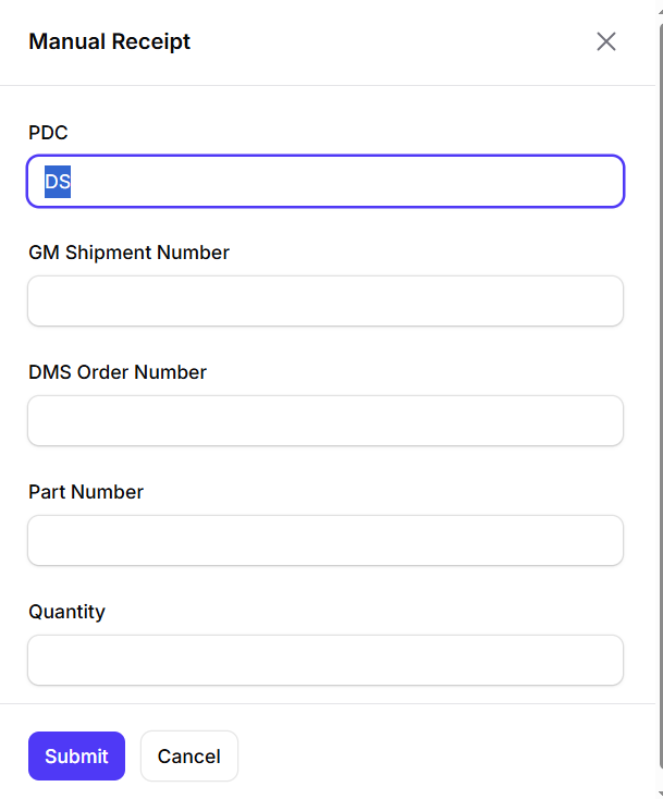Manual Receipt form with DMS Order Number.