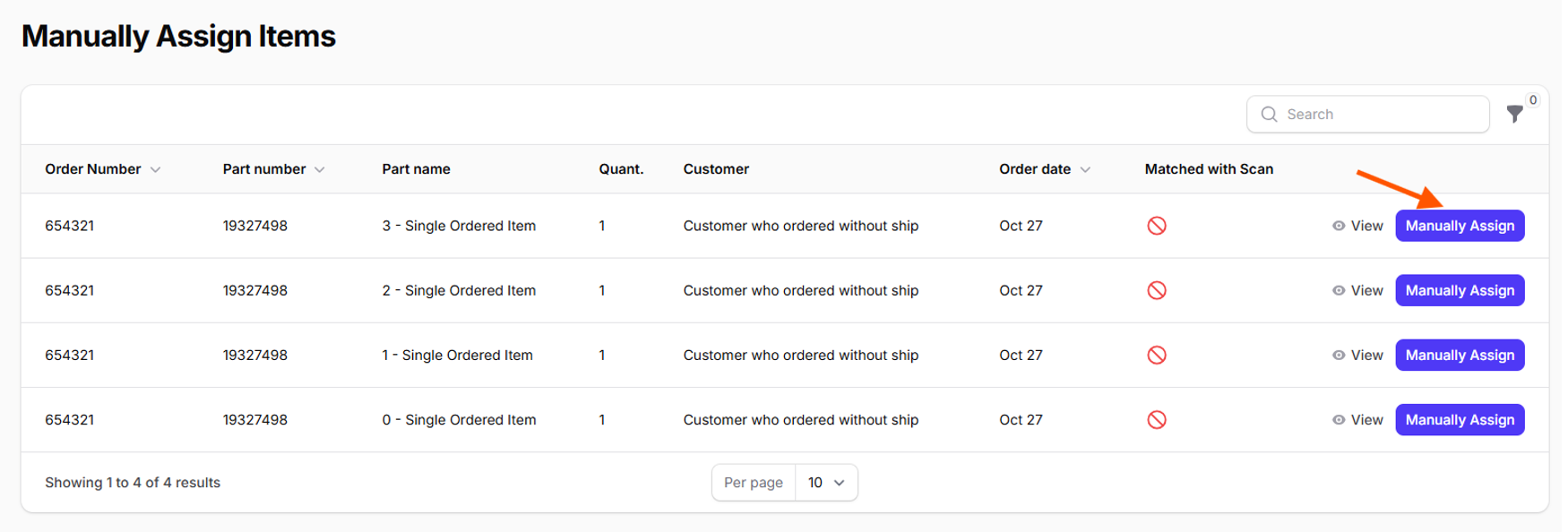 Select the matching order on the Manually Assign Items screen.