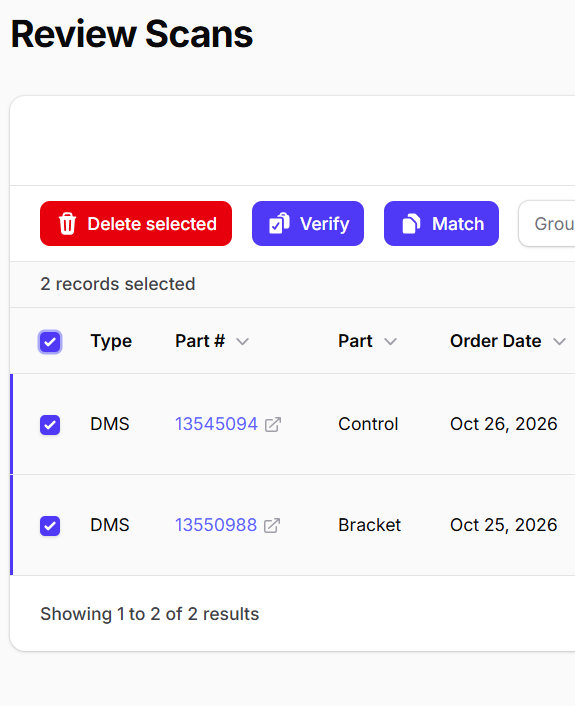 Selected Review Scans rows showing the Verify action.