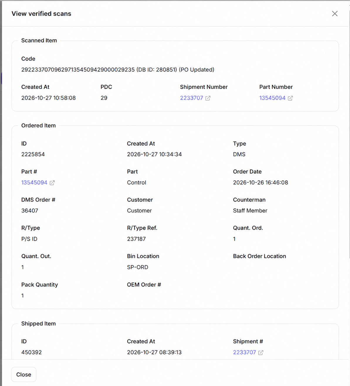 Verified receipt detail showing Scanned Item, Ordered Item, and Shipped Item sections.