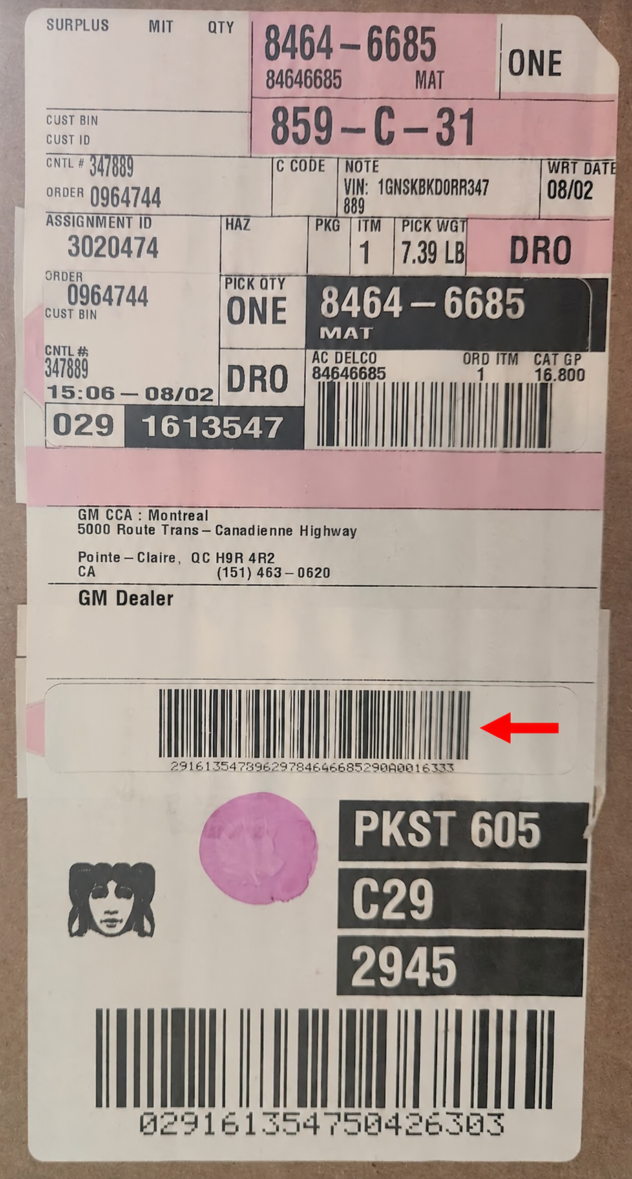 Canadian GM shipping label with the supplied red arrow pointing to the barcode.