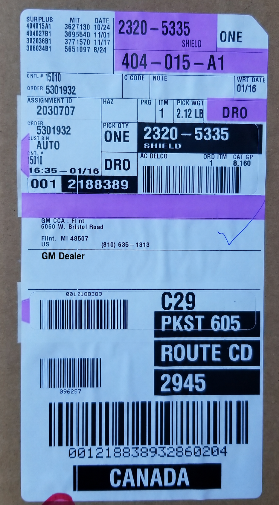 US GM shipping label.