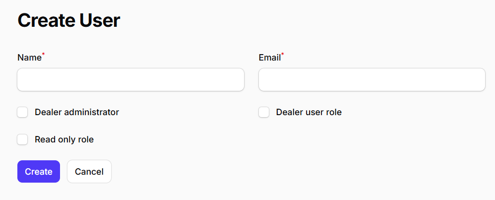 Create User form with name, email, roles, Create, and Cancel.