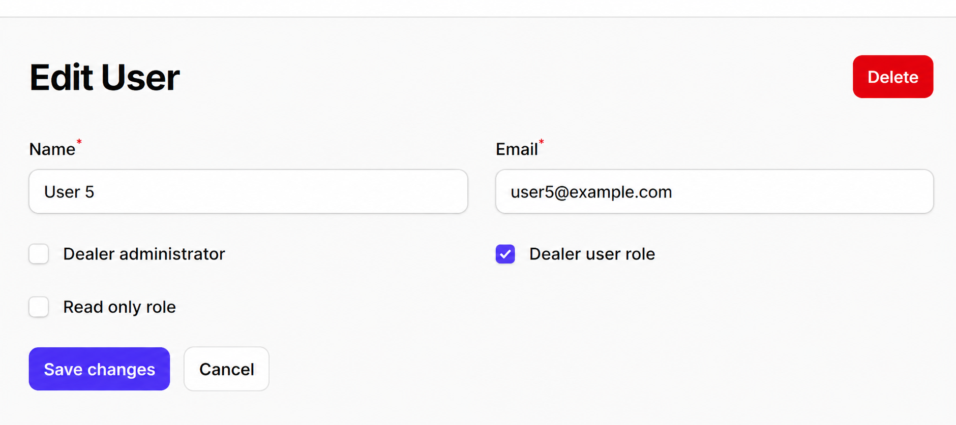 Edit User screen with anonymized user details, roles, Save changes, and Delete.